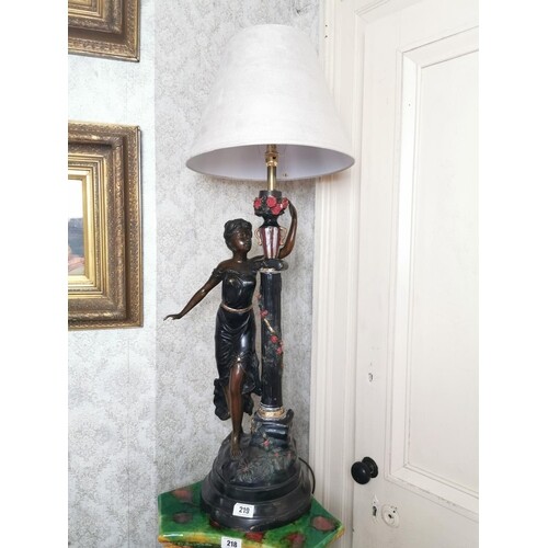 Painted bronze centre table lamp in the form of a lady holdi...