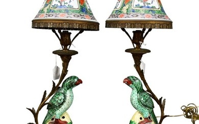 Pair Antique Asian Porcelain Parrot Lamps - c. 1920s. A pair of small table lamps. Foliate