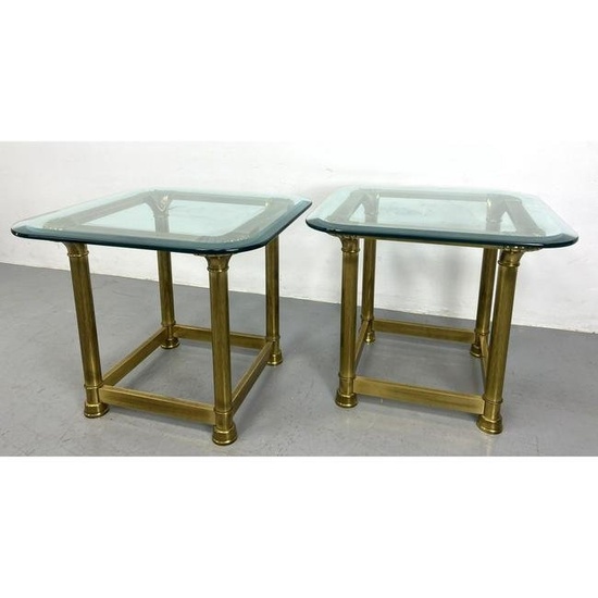 Pair Decorative Mastercraft Side Tables with Shell Form Corners. Heavy Metal with Thick Glass Top.