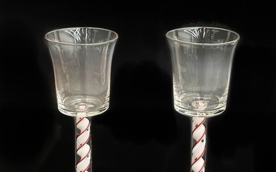 Pair English Air Twist Glass Wine Glasses 18th century Red and White