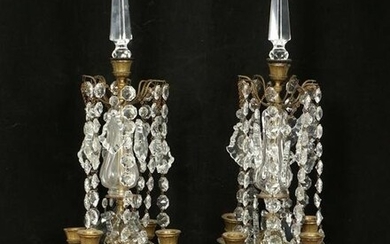 Pair French Brass and Crystal Table Chandeliers