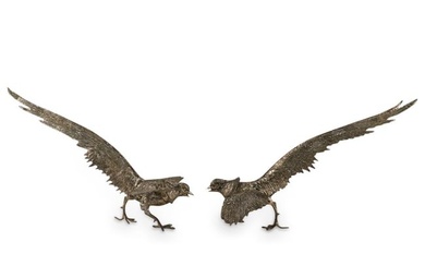Pair Of Italian Silvered Bronze Fighting Pheasants