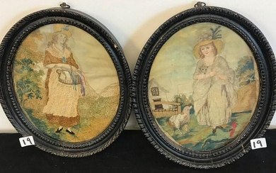 Pair of 18th C. Oval Paintings on Silk