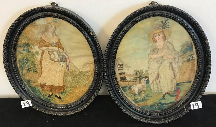 Pair of 18th C. Oval Paintings on Silk