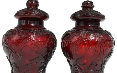 Pair of Antique Chinese Ruby Peking Glass Covered Jars