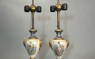 Pair of Antique French Champleve Cloisonne Bronze Porcelain Vases, 19th Century