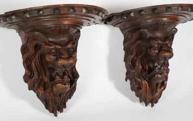 Pair of Antique Gothic Carved Wood Lion Face Brackets