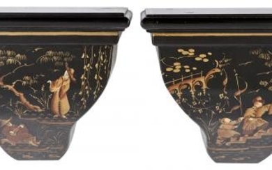 Pair of Black Painted Chinoiserie Decorated Wall Brackets