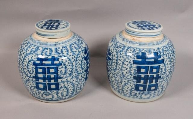 Pair of Chinese Blue and White Lidded Ginger Jars