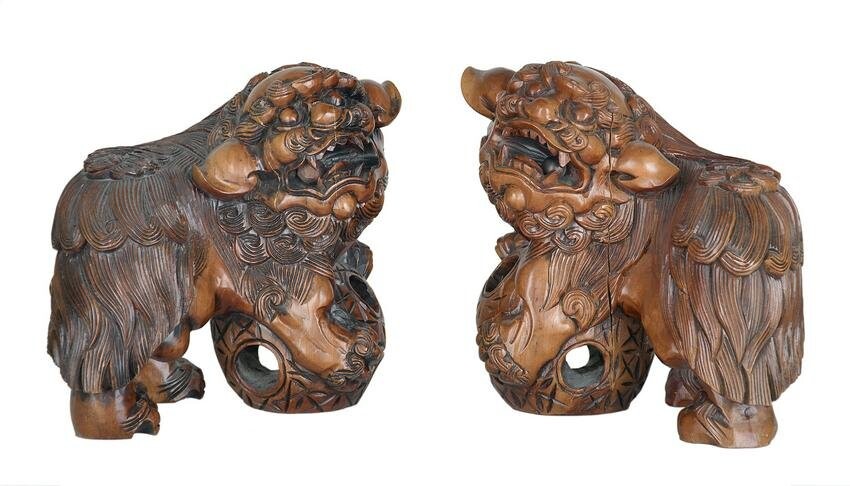Pair of Chinese Carved Wooden Foo Dogs