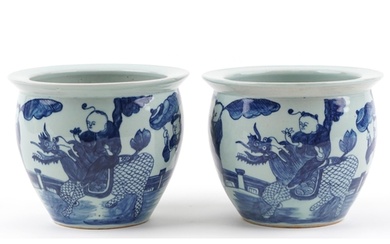Pair of Chinese blue and white porcelain jardinieres painted...