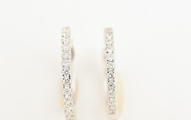 Pair of Diamond, 14k White Gold Hoop Earrings.