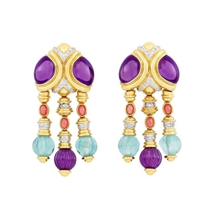 Pair of Gold, Cabochon Amethyst, Fluted Bead and Diamond Fringe Earrings