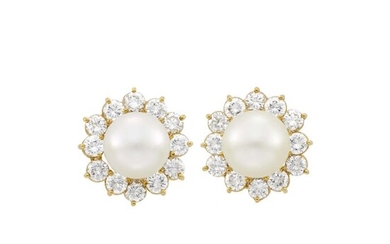 Pair of Gold, South Sea Cultured Pearl and Diamond Earclips