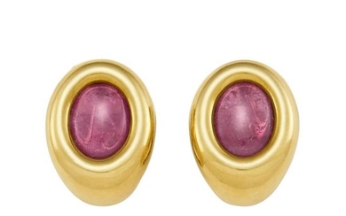 Pair of Gold and Cabochon Pink Tourmaline Earclips, Pomellato, France