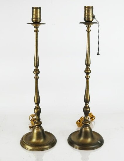 Pair of Knopped Brass Candlestick Lamps