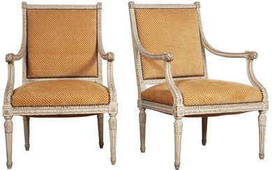 Pair of Louis XVI Style Upholstered Painted Wood Fauteuils