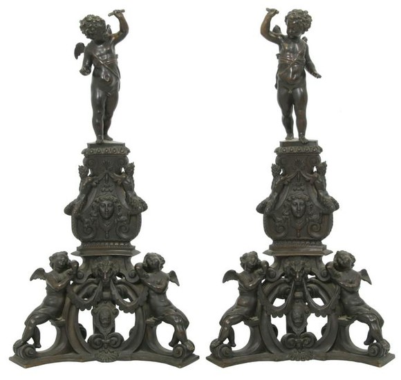 Pair of Monumental Bronze Figural Chenets