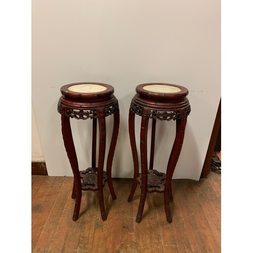 Pair of Antique Oriental Chinese carved hardwood with marble...