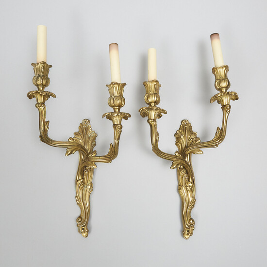 Pair of Rococo Style Gilt Bronze Two Light Wall Sconces, mid 20th century