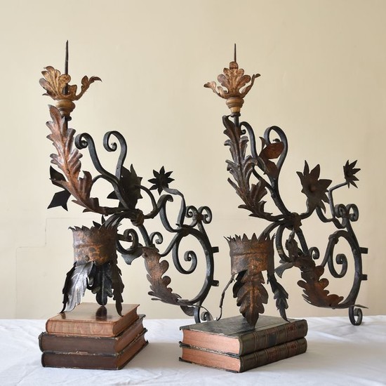 Pair of Stunning Rare Italian Iron Candle Appliqués Wall Sconces.- Iron (wrought) - First half 18th century