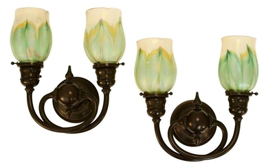 Pair of Tiffany Studios Two-Light Sconces with Favrile Glass "Pulled Feather" Shades