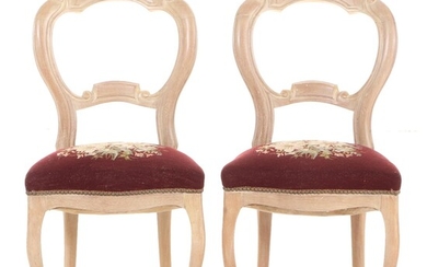 Pair of Victorian Walnut Side Chairs in Pickled Finish and Needlepoint Seats
