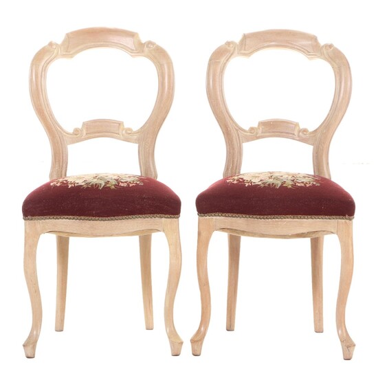 Pair of Victorian Walnut Side Chairs in Pickled Finish and Needlepoint Seats