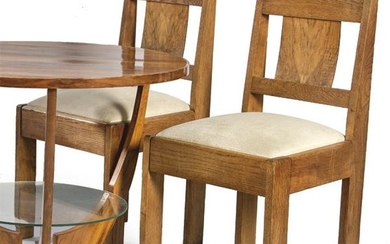Pair of art deco chairs, in oak with upholstered seat.