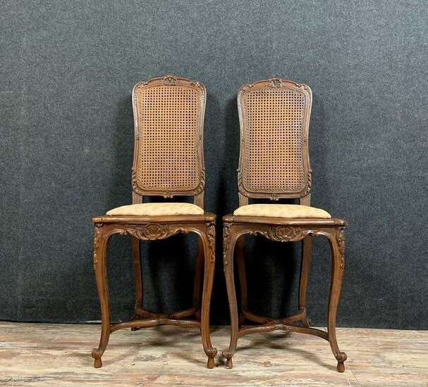 Pair of cellist chairs with seats and cane backs - Louis XV Style - Walnut - Late 19th century