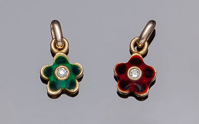 Pair of yellow gold flower-shaped necklaces with garnet and...
