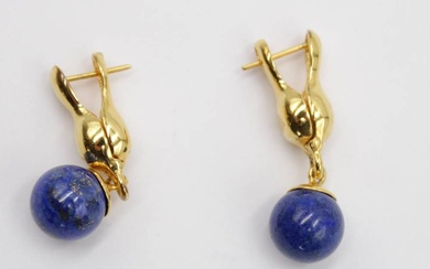 Paire de pendants d'oreilles, argent 925 doré, boules de lapis, fermoirs magnétiques, env. 9,9gr. au...