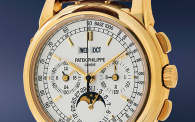 Patek Philippe, Ref. 5970J A very fine and attractive yellow gold perpetual calendar chronograph wristwatch with moon phase, Certificate of Origin and presentation box