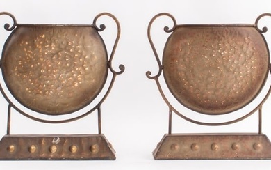 Patinated Metal Plant Vessels on Stands, Pair