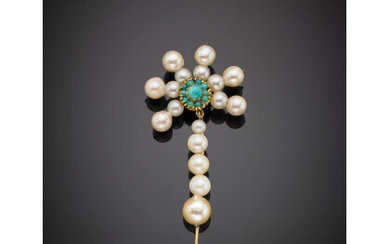 Pearl and cabochon turquoise yellow gold pin, g 7.20, length cm 6.50 circa.Read more