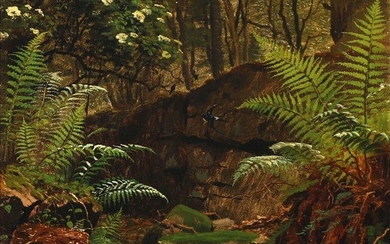 Peder Mønsted: A lush forest floor with a spring. Signed and dated P. M. 1881. Oil on canvas. 39.5×34 cm.