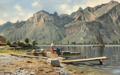 Peder Mønsted: Washerwomen on the shore of Lake Geneva. Signed and dated P. Mønsted 1889. Oil on canvas. 24×41 cm.