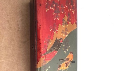 Periodo Meiji - Box - Tea Box with Blossoming Almond Tree and Sparrows - Lacquer, Wood, Hand painted