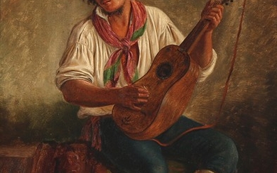 Peter Raadsig: An Italian street musician. Signed and dated P. R. Subiaco 1842. Oil on paper laid on canvas. 56×41 cm.