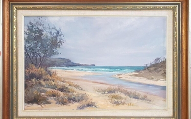 Peter Whelan "Grey Day at Narooma, Lake Entrance" oil on canvas on board, 58 x 78cm (frame), signed