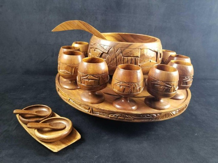 Philippines Hand Carved Wooden Punch Bowl 20 Piece Set
