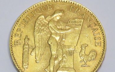 Pièce en or de 100 Francs "génie" datée de 1910, Atelier "A" (Paris). Poids :...