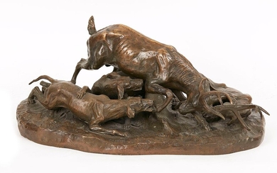 Pierre-Jules MÈNE (1810-1879) (d après) Cerf attaqué par des chiens Bronze à patine brune nuancée...