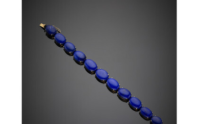 Pink 14K gold and oval reconstructed lapis bracelet, g 23.26, length cm 18.50 circa.Read more