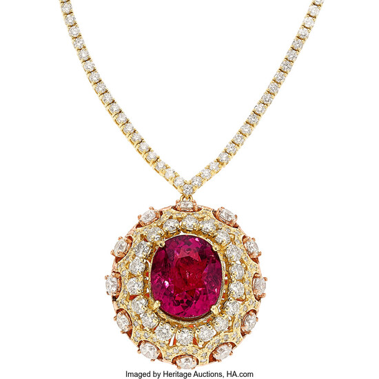Pink Tourmaline, Diamond, Gold Necklace The necklace features an...