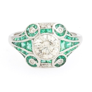 Platinum, Diamond and Emerald Art Deco Inspired Ring