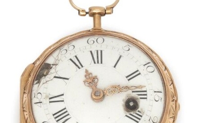 Pocket watch in yellow gold, round case, white enamelled dial with Roman numerals for the hours, Arabic numerals and railroad numbers for the minutes. The back with engraved floral decoration, the cockerel plate, the verge escapement. Louis XVI period...