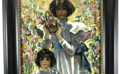 Portrait of 2 Girls With Flower Baskets Oil on canvas.
