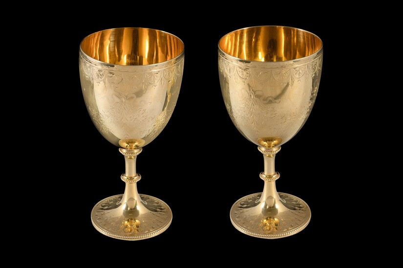 Pr Early Victorian Silver Gilt Goblets. London 1861, mark for William Stock