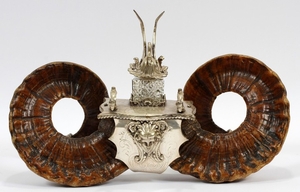 RAM HORN AND SILVER PLATE INKWELL 11 17